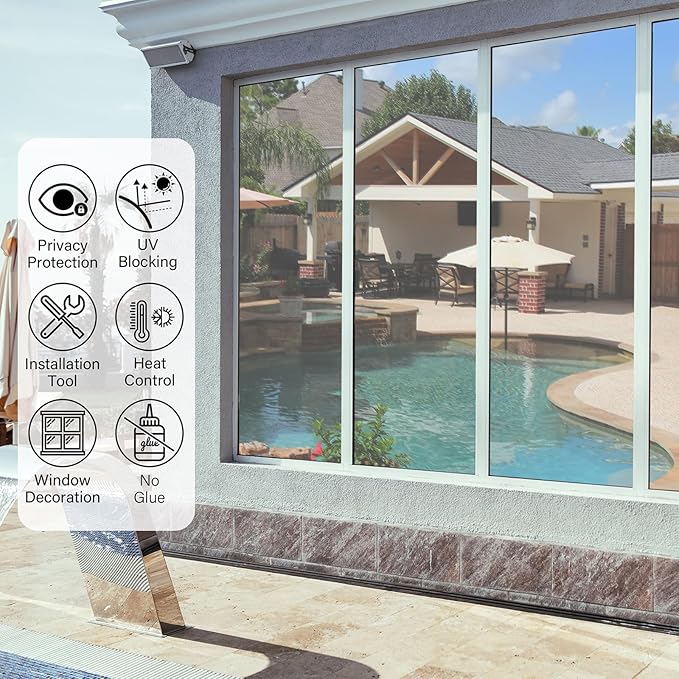 Kromapolis One Way Window Privacy Film Reflective Mirror Home Window Tint, Daytime Privacy Heat Control Anti UV Glass Tinting Static Cling (Silver, 45.2 x 157.4 inch)