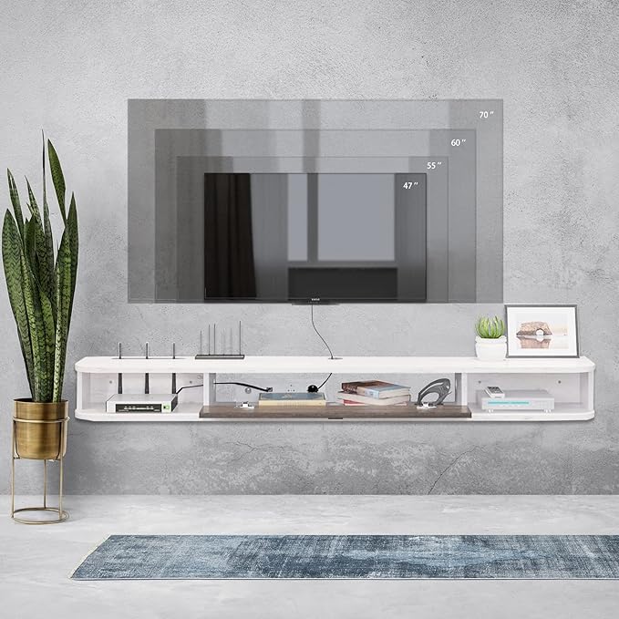 Pmnianhua Floating TV Console, 70'' Wall-Mounted Media Console TV Cabinet Floating TV Stand Entertainment Shelf with Door and Storage (Grayish-White)