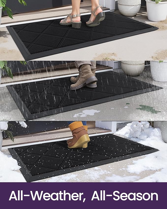 DEXI Front Door Mats Outside Entrance, 17x36 Rubber Waterproof Dirt Trapping Entry Mat for Entryway, Heavy Duty Non-Slip Low-Profile Welcome Doormat All Weather for Patio, Black