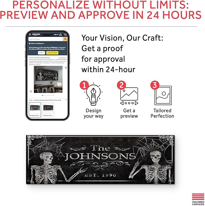 Tailored Canvases Gothic Family Wall Decor - Personalized Grunge Vintage Skeleton Room Decor for Home, Halloween Lovers, Men & Women for Bedroom, Living Room - Custom Couple Name, White Print, 36"x12"