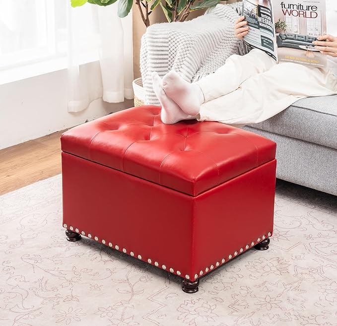 Joveco Leather Storage Ottoman, 24" Rectangle Square Bench Foot Rest Stool for Bedroom Living Room, Red