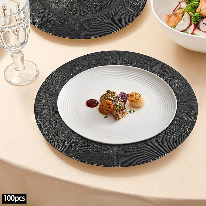 Antique Charger Plates Set 13'' Round Embossed Dinner Plate Chargers Plastic Elegant Floral Plates for Dinner Wedding Party Event Table Kitchen Decoration 100PCS (Black 100Pcs)