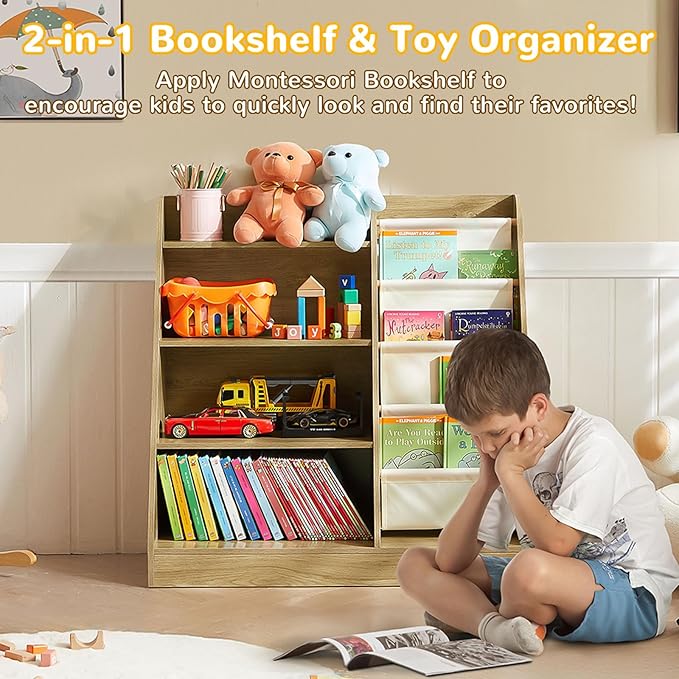 Kids Bookshelf, 4-Tier Kids Wooden Bookshelf with Toy Storage Montessori Toy Shelf, 32โL x 16โD x 32โH Nursery Bookshelves Childrens Bookcase Baby Toddler Book Shelf for Kids Rooms Clearance