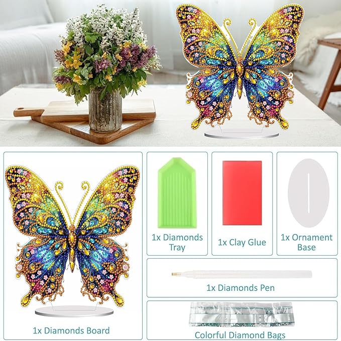 Diamond Painting Kits for Adults Beginners, 5D Full Drill Flowers and Butterfly Crystal Art Desktop Ornament, DIY Single Sided Home Office Desk Decor, Creative Craft Gift Set with Tools