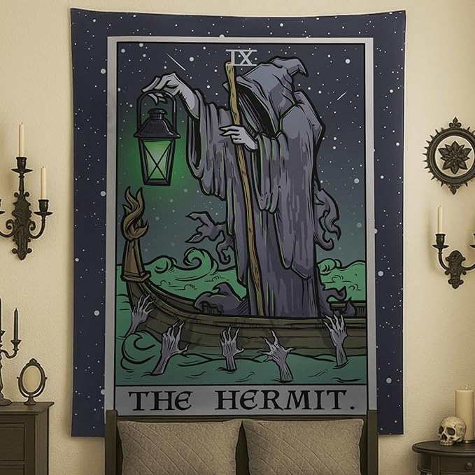 The Hermit Tarot Card Tapestry - Grim Reaper - Gothic Halloween Home Decor Wall Hanging (60" x 50")