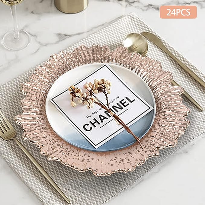 Antique Charger Plates Set 13'' Round Embossed Dinner Plate Chargers Plastic Elegant Floral Plates for Dinner Wedding Party Event Table Kitchen Decoration 24PCS (Rose 24Pcs)