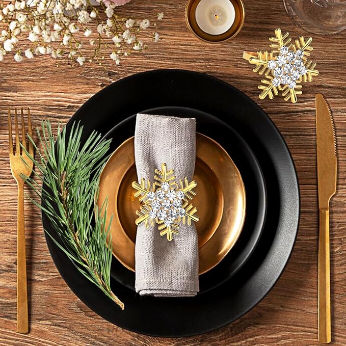 Halatool Set of 8 Christmas Napkin Rings Gold Snowflake with White Rhinestone Napkin Holder for Christmas Thanksgiving Holiday Party Table Decoration