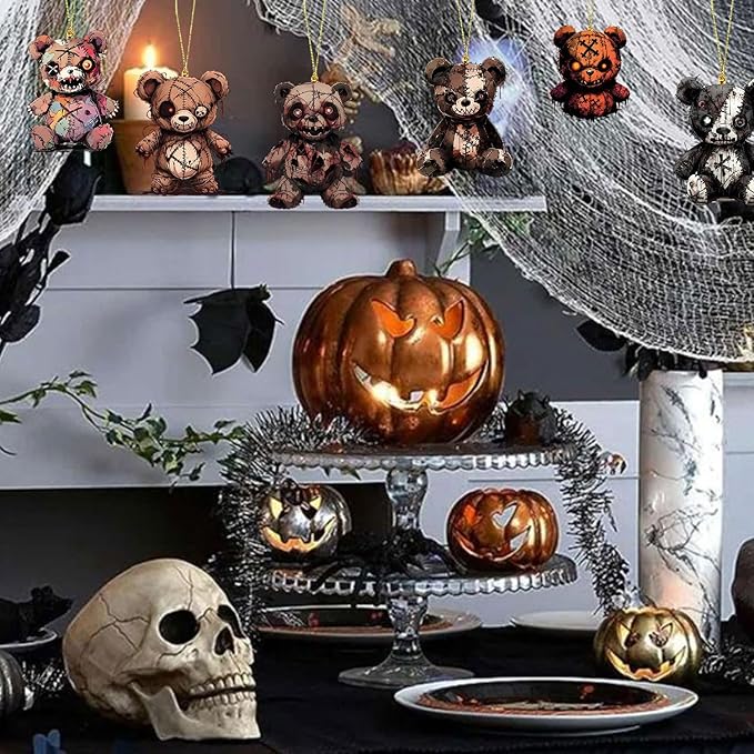 Halloween Tree Decoration, 6 Pcs Cute Acrylic Pendant, Terror Cartoon Bear Halloween Accessories, Funny Cartoon Christmas Tree Ornaments for Mini Decorations Indoor Outdoo