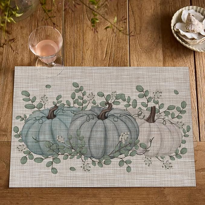 Artoid Mode Pumpkin Leaves Fall Vinyl Placemats Set of 4, Wipeable Woven PVC Table Mats for Thanksgiving Farmhouse Holiday Party Kitchen Dining Decor