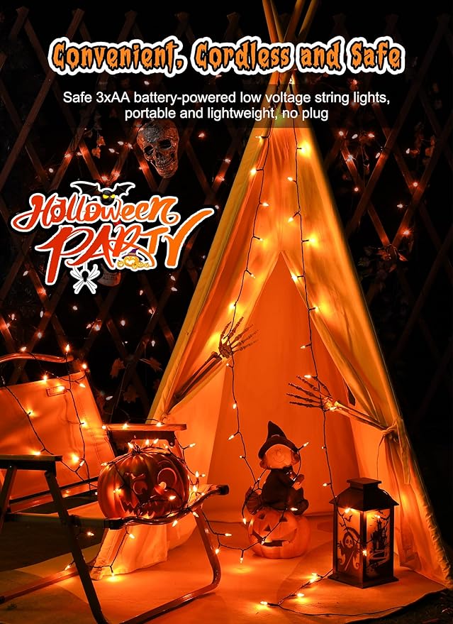 Battery Operated Halloween Indoor String Lights, 8 ft 20 LED Orange Mini Cluster Tree Lights with Timer, Indoor Outdoor Patio Garland Window Decor for Party Christmas Halloween Decorations