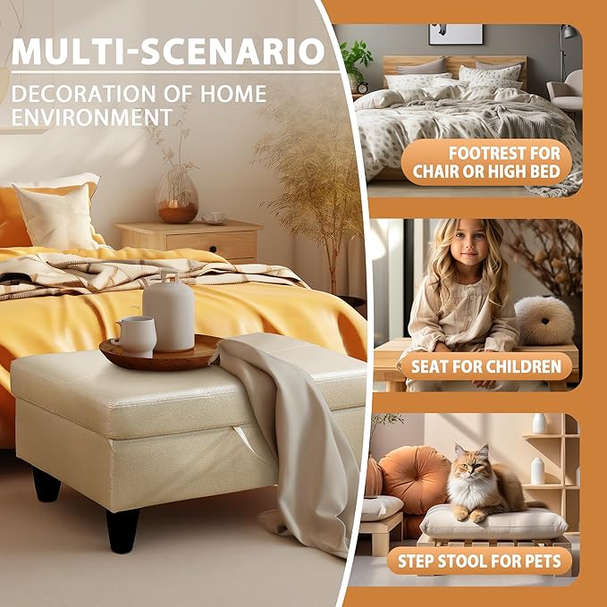 Ottoman Rectangular Storage Ottoman Bench, Faux Leather Footrest, Coffee Table, Stool Footstool with Hinged Lid for Living Room, Bedroom, Entryway, White, 28.5"x19"x17.5"