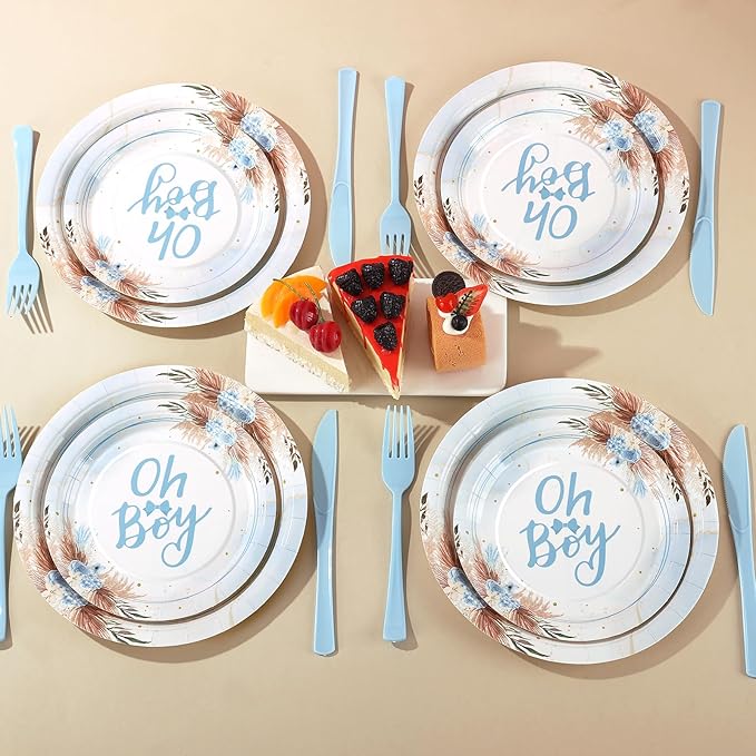 168 Pcs Baby Boy Shower Decorations, Its A Boy Baby Shower Decorations, Blue Baby Shower Plates and Cups and Napkins Sets Serves 24, Boho Fall Oh Baby