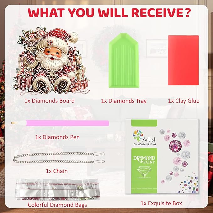 MEIYUDA Christmas Diamond Art Hanging Kits for Adult, Santa Claus Diamond Painting Hanging Kits Ornaments, DIY Special Shaped Rhinestone Window Pendants kit for Home Garden Wall Decor Gift