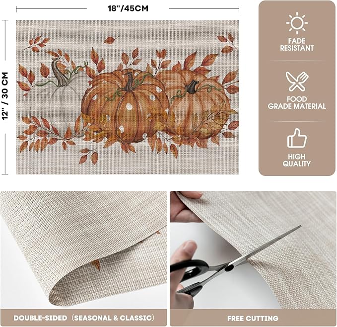 Artoid Mode Pumpkins Leaves Fall Vinyl Placemats Set of 4, Wipeable Colorful Printing PVC Place Mats for Party Kitchen Dining Decor, Beige