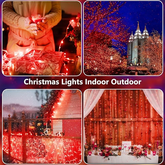 2 Pack Halloween String Lights Battery Operated with Timer, 66FT 200 LED Waterproof Battery Twinkle Lights, 8 Modes Fairy Light for Indoor & Outdoor Party Bedroom Garland Tree Christmas Decor (Red)