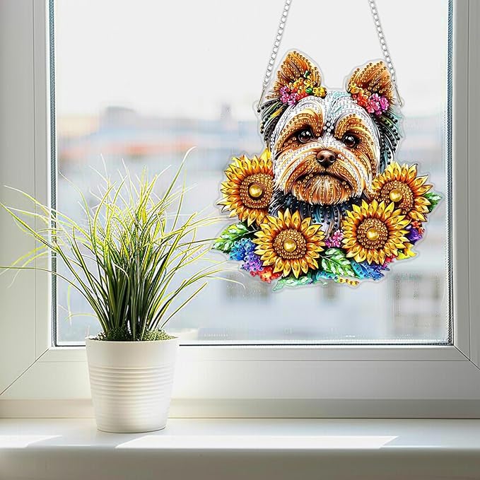 SENQAO Dog Diamond Art Hanging Kit for Adult, Special Shaped Rhinestone, Double Sided DIY Acrylic Diamond Art Painting Window Pendants Home Garden Wall Hanging Kits Hanging Ornament (Sunflower)