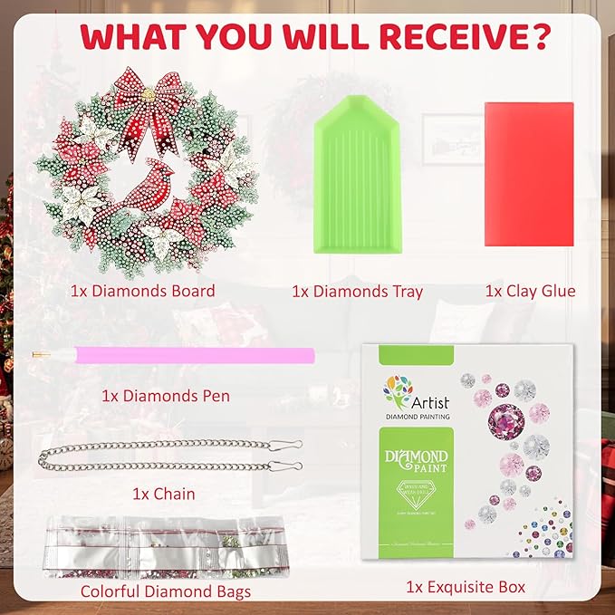 MEIYUDA Christmas Diamond Art Hanging Kits for Adult, Cardinal Wreath Diamond Painting Hanging Kits Ornaments, DIY Special Shaped Rhinestone Window Pendants kit for Home Garden Wall Decor Gift