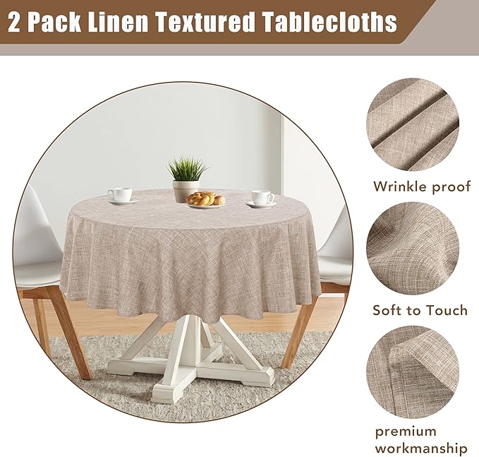 Fitable Faux Linen Round Tablecloths 60 Inches - 2 Pack Neutral Table Clothes Faux Burlap Table Covers for Kitchen, Dining, Party, Farmhouse, Picnic (Great for 20"-48" Round Tables, Nature)