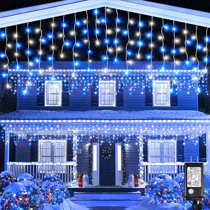 66FT 640 LED Icicle Lights for Outside, Icicle Christmas Lights Outdoor with 8 Modes Timers, Waterproof Plug in Twinkle String Light for Yard Eave Patio Party Holiday Decorations, Blue White