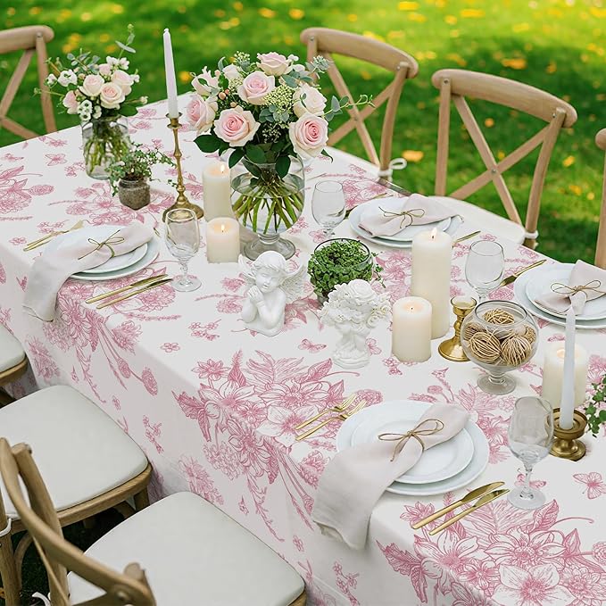 3 Pack Pink Floral Plastic Tablecloths, 54 X 108Inch Tea Party Tablecloth Disposable Vintage Table Cloths Pink and White Porcelain Tables Decor for Birthday Garden Wedding Tea Party Supplies
