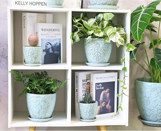 6 Inch Retro Ceramic Planter Set of 2 with Drainage Hole and Saucer for Plants, Indoor-Outdoor Garden Pots for Succulent, Orchid, and Flower (Fits Inner Pots Up to 5 Inches, Retro Green)