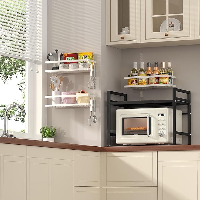 PUSDON Hanging Storage Baskets Organizer Wall Mount, Metal Wire Storage Bin Rack for Kitchen Bathroom Shower Spice Shelf Home Decor Essentials White-2 Packs (Guardrail)