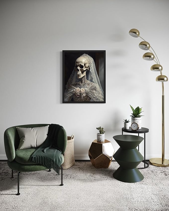 Skull Gown Poster Art Print, Halloween Scary Vintage Wall Art Academia Spooky Painting Decoration for Horror Prints, Gothic Posters Bedroom Decor 89 (Skull Gown, 11 x 14 inches, Black Frame)