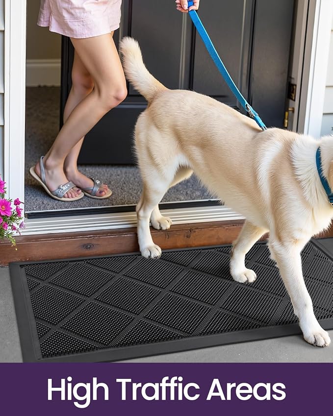 DEXI Front Door Mats Outside Entrance, 17x36 Rubber Waterproof Dirt Trapping Entry Mat for Entryway, Heavy Duty Non-Slip Low-Profile Welcome Doormat All Weather for Patio, Black