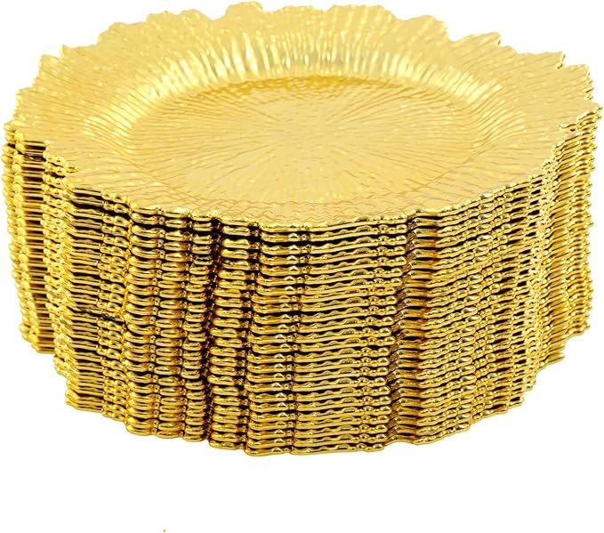 Antique Charger Plates Set 13'' Round Embossed Dinner Plate Chargers Plastic Elegant Floral Plates for Dinner Wedding Party Event Table Kitchen Decoration 100PCS (Gold 24Pcs)