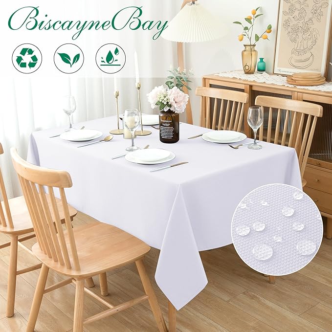 Biscaynebay Textured Fabric Tablecloth 60x84 Inches Rectangular, White Water Resistant Tablecloths for Dining, Kitchen, Wedding and Parties etc. Machine Washable