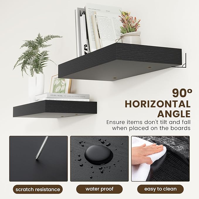 Deep Floating Shelves for Wall | 24 Inch Wide x 12 Inch Deep Black Floating Shelves | 24W x 12D Rustic Wood Wide Wall Shelves | Bookshelf Laundry Shelf TV Shelf