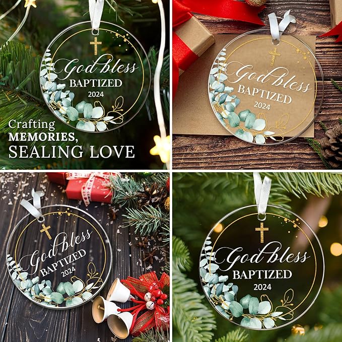 HEXMOZ Baptism Gifts - Christening Gifts for Boys Girls Kids Adults Men Women - Baby Boy, Girl Catholic Baptism Gift for Godson, Goddaughter - Cross God Bless Baptized Acrylic Christmas Ornament 2024
