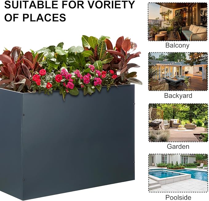 SUNNYPARK Large Metal Planter Box 32”x 12”x 24”, Rectangular Modern Grey Metal Planter Box Heavy Duty with Drainage Holes for Outdoor Garden Patio