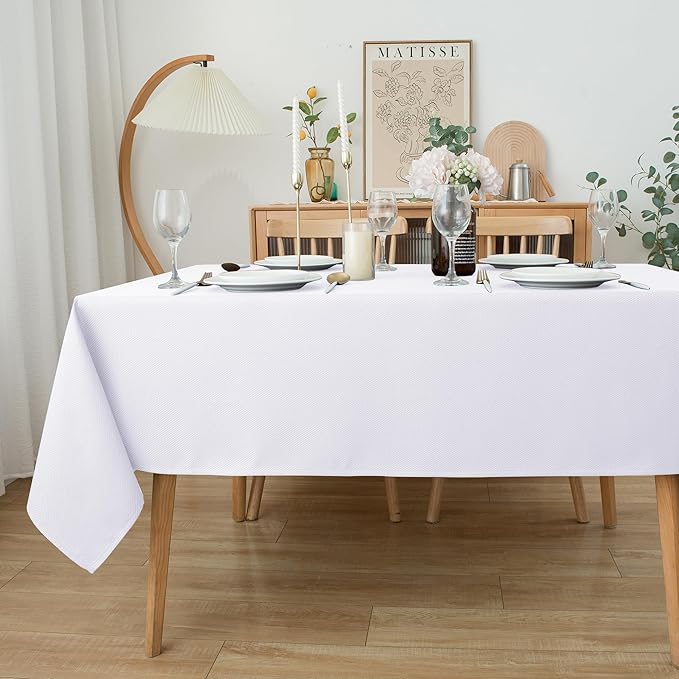 Biscaynebay Textured Fabric Tablecloth 60x84 Inches Rectangular, White Water Resistant Tablecloths for Dining, Kitchen, Wedding and Parties etc. Machine Washable