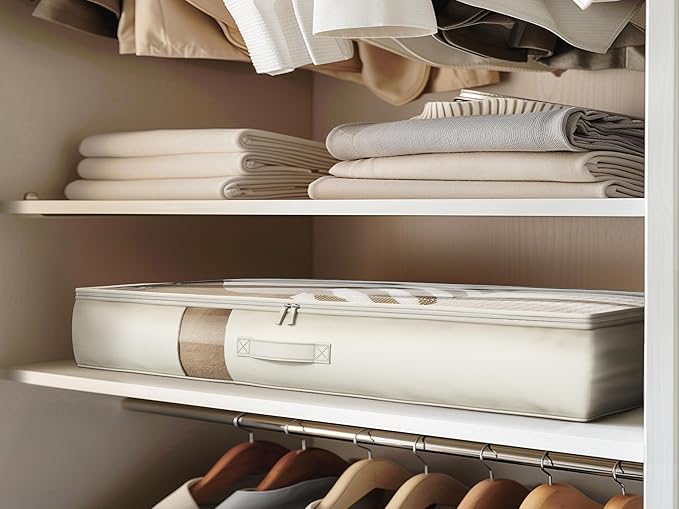 Soft-Sided Foldable Under bed Storage Bags with Window,No Rigid Frame Closet Organizers,Storage Containers for Blankets, Clothing, Comforter, Collapsible Fabric Design,4 Pack, White Ivory