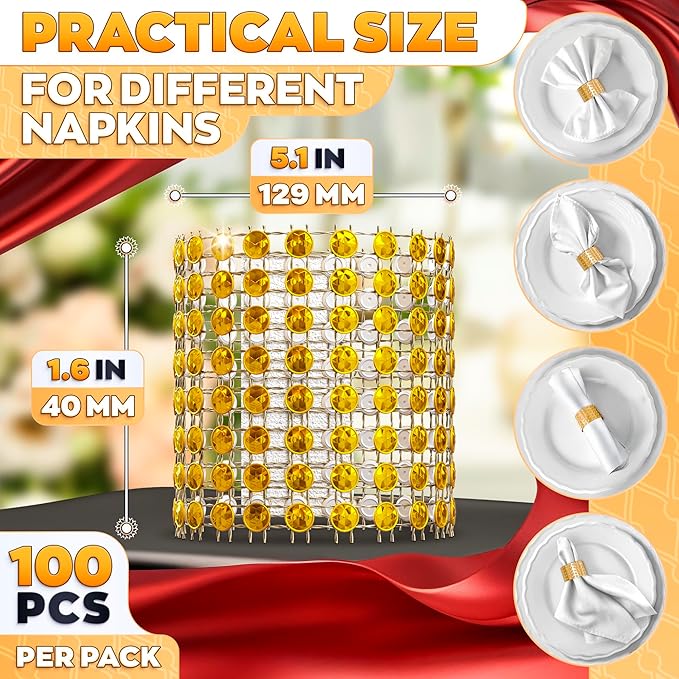 Gold Napkin Rings Set of 100 – Rhinestone Napkin Ring Holders for Weddings, Spring Events, and Table Decorations | Durable, Reusable, and Versatile for Parties, DIY Projects