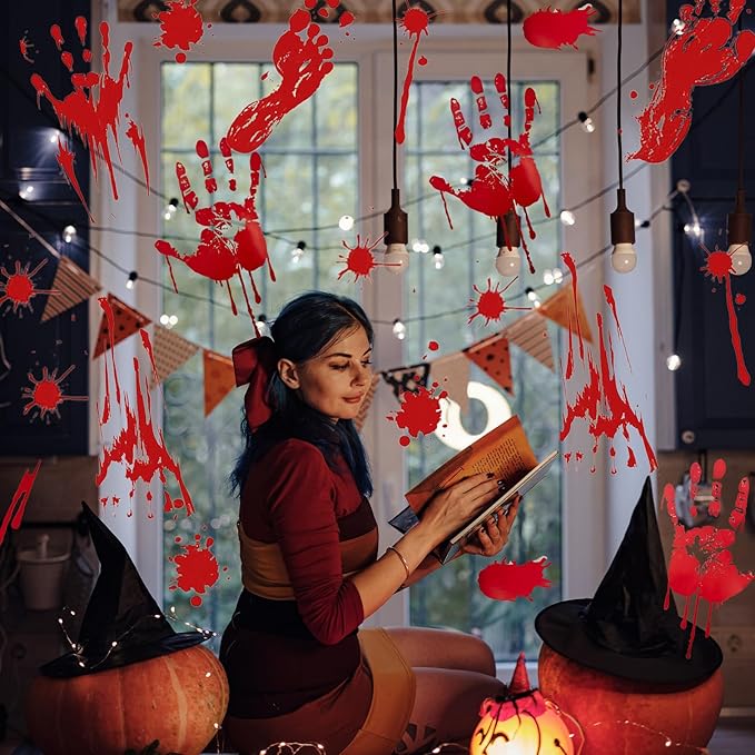 6 Pieces Bloody Handprint Window Clings – Horror PVC Stickers with Blood Splatter, Handprints, and Footprints for Scary Halloween Party Decorations, Haunted House, and Spooky Indoor Outdoor Décor
