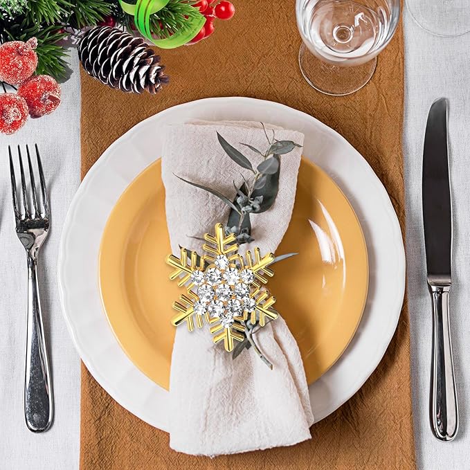 Halatool Set of 8 Christmas Napkin Rings Gold Snowflake with White Rhinestone Napkin Holder for Christmas Thanksgiving Holiday Party Table Decoration