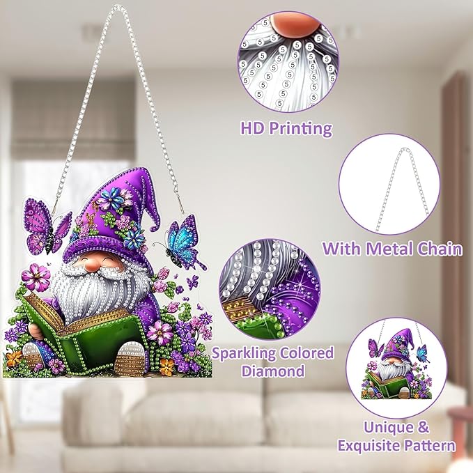 SENQAO Gnome Diamond Art Hanging Kit for Adult, Special Shaped Rhinestone, Double Sided DIY Acrylic Diamond Art Painting Window Pendants Home Garden Wall Hanging Kits Hanging Ornament(Butterfly Book)