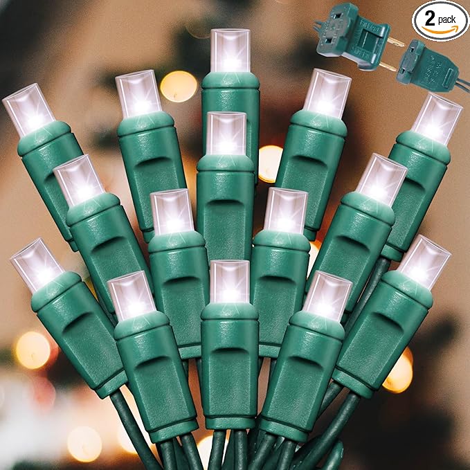 100Count (2pk of 50L) String Lights, LED Christmas Lights, 6" SPACING,Green Wire,White