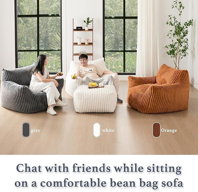 Giant Plush Bean Bag Chair for Adults with Armrests - Oversized Comfy Grey Beanbag Lounge Lazy Floor Sofa Accent Chair for Living Room, Bedroom & Dorm, Cozy Fluffy Single Cloud Mini Couch