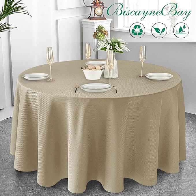 Biscaynebay Textured Fabric Round Tablecloths 90" for Round Tables diameters from 30" to 78", Natural Water Resistant Folding Table Covers Washable for Dining, Kitchen, Wedding, Parties etc