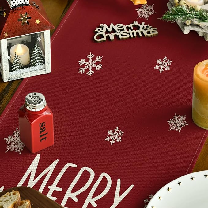 Artoid Mode Xmas Trees Snowflakes Red 210 GSM Merry Christmas Table Runner, Winter Kitchen Dining Table Decoration for Home Party Decor 13x108 Inch