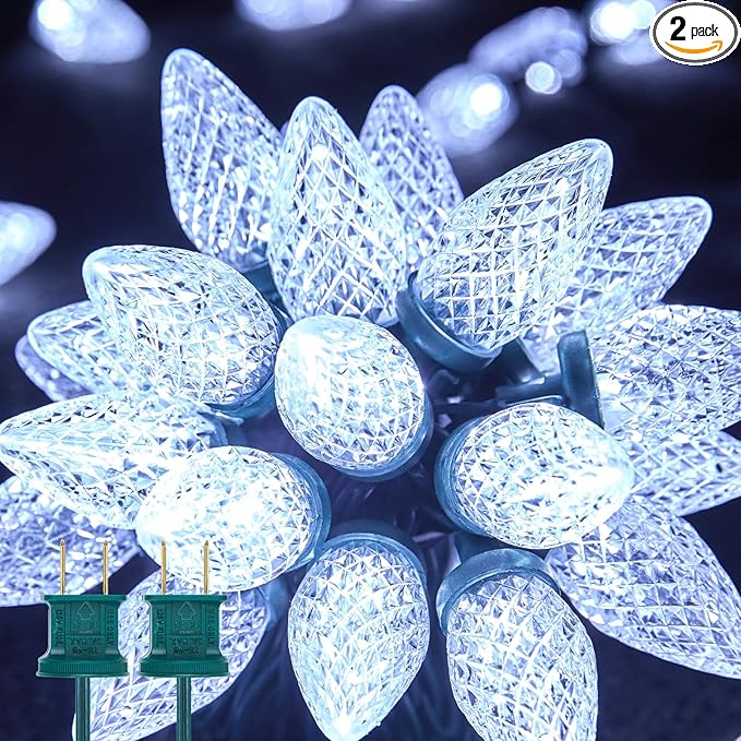 Brightown 2 Pack White C9 LED Christmas String Lights - 33ft 50 LED Waterproof Strawberry String Lights, Plug-in Extendable Green Wire Lights String for Outdoor Indoor Patio Party Decoration