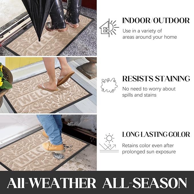 Yimobra Door Mat Indoor Outdoor Entrance, Non Slip Welcome Front Doormats, Heavy Duty Rubber Backing, Stain and Fade Resistant, Low Profile, Easy Clean Patio Garage Floor Mats, 47 x 32, Beige