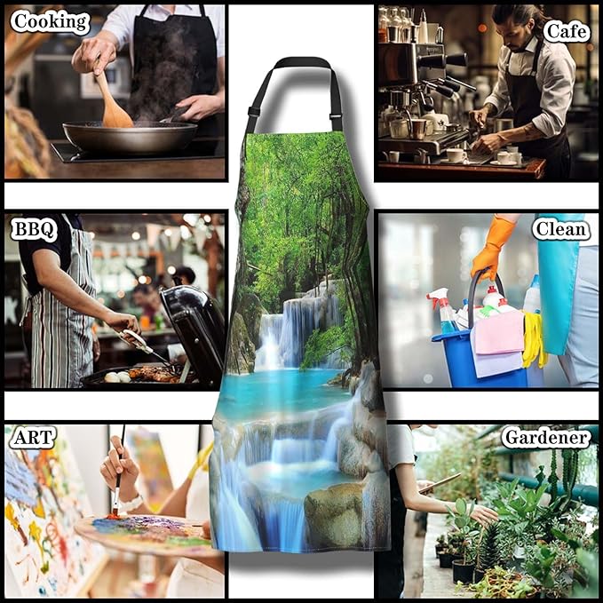 Kitchen Apron for Men Waterfalls Forest Creek Landscape Trees Cooking Aprons for Women for Cooking Restaurant BBQ Painting Crafting Gardening 27” (W) x 31” (H), Waterproof Aprons