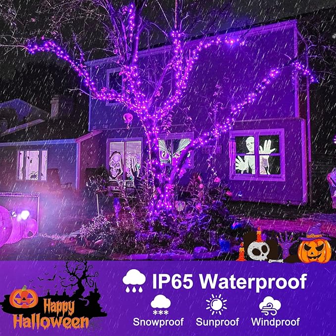2 Pack Halloween Lights Outdoor, Total 200FT 600 LED Purple String Lights for Outside with 8 Modes Waterproof, Plug in Halloween Decorations for Indoor House Room Patio Garden Party Holiday