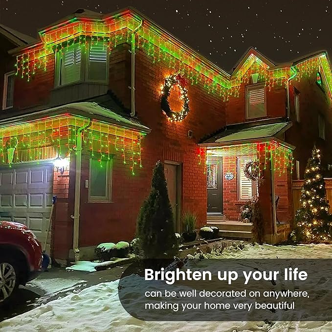 Hopolon 33FT 360L LED Christmas Icicle Lights Outdoor Waterproof,8 Modes Plug in Curtain String Lights with 60 Drops,Christmas Lights for Wedding,Party,Bedroom,Garden,Home,Wall Decorations(Red Green)