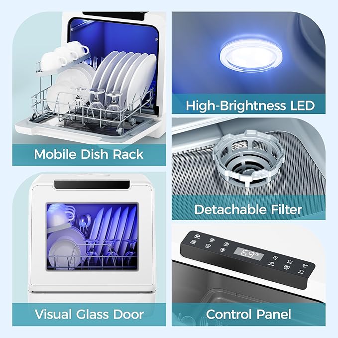 EUHOMY Portable Dishwasher Countertop Dishwashers, 8 Programs Mini Dishwasher, 5L Built-in Water Tank and Inlet hose, Self Clean, Baby Care, Air Dry Function, for Apartments & RVs, No Hookup Needed