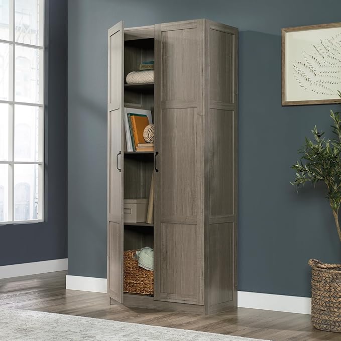 Sauder Select Storage Cabinet, Pantry Cabinet Kitchen Storage with Adjustable Shelves, Bathroom Storage Cabinet, in Silver Sycamore